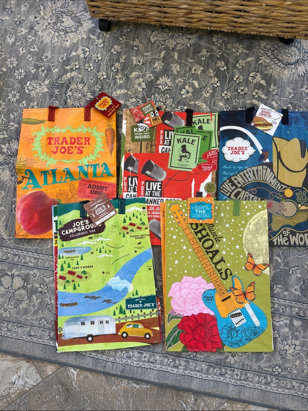 NWT 5 Trader Joe's Reusable Tote Bag Set - Colorful Market Designs